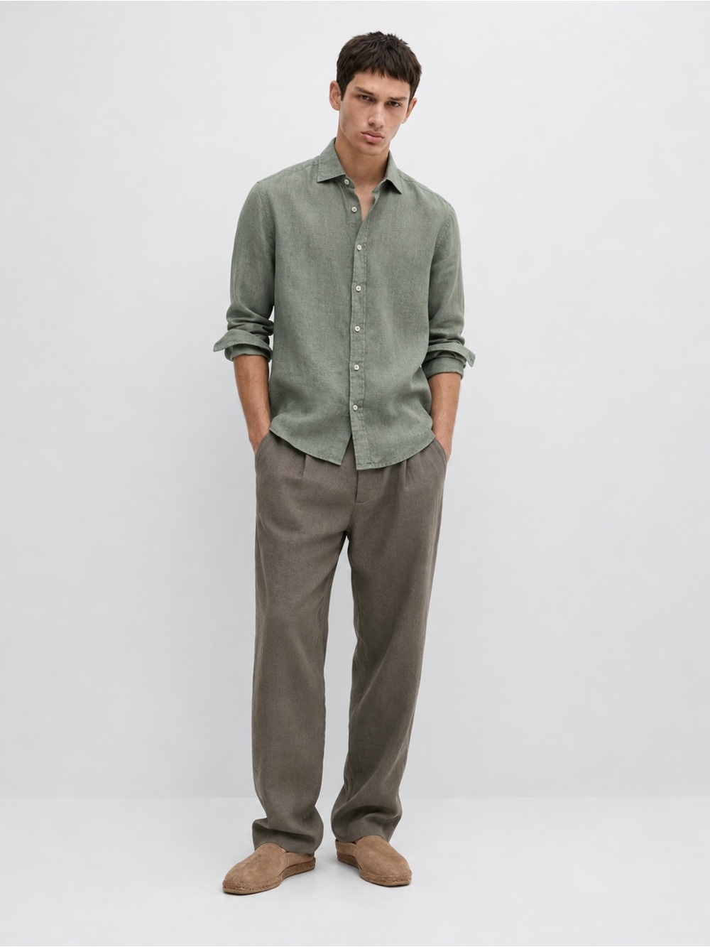 Massimo Dutti Mens Medium Olive Green 100% Linen Dyed Washed Button Down Shirt